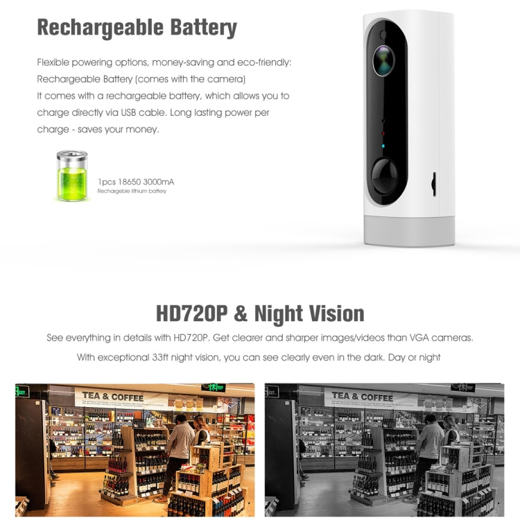 A1 WiFi Wireless 720P IP Camera, Support Night Vision / Motion Detection / PIR Motion Sensor, Two-way Audio, Built-in 3000mAh Rechargeable Battery