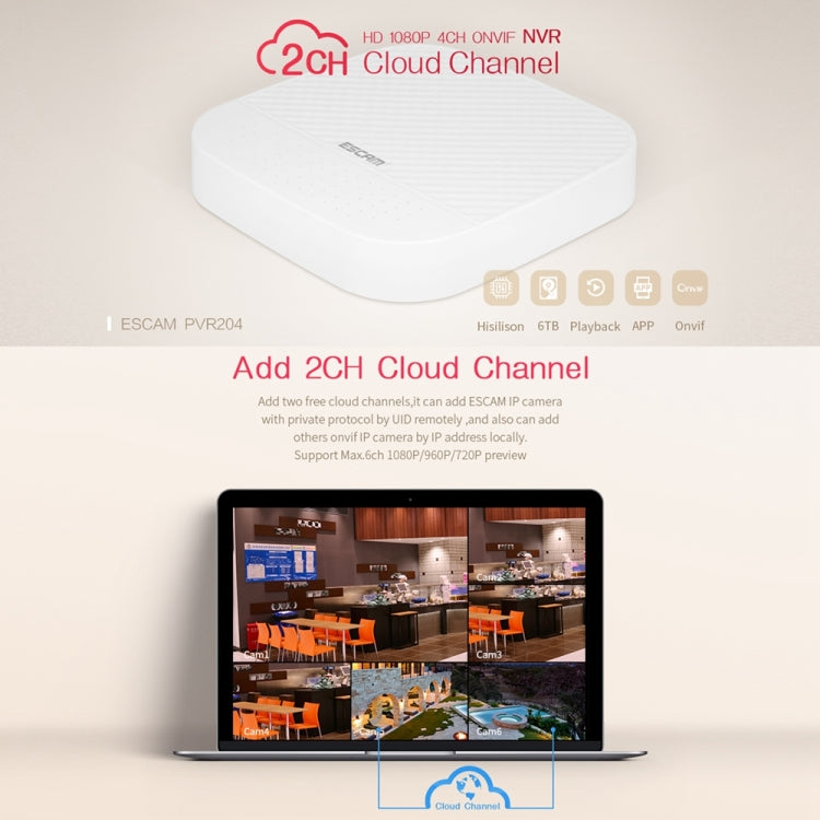 ESCAM PVR204 1080P 4CH+2CH ONVIF NVR Digital Video Recorder with 2CH Cloud Channel for IP Camera System (White)