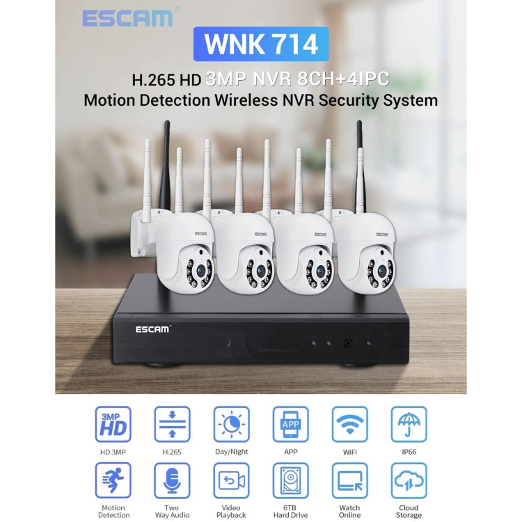 ESCAM WNK714 3.0 Million Pixels 4-channel HD Dome Camera NVR Wireless Monitoring Kit, EU Plug