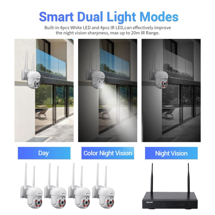 ESCAM WNK714 3.0 Million Pixels 4-channel HD Dome Camera NVR Wireless Monitoring Kit, EU Plug