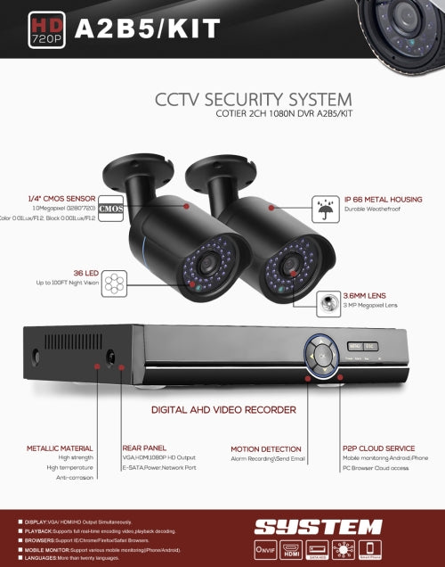 A2B5 720P 1.0 Mega Pixel 2 x Bullet AHD Cameras AHD DVR Kit, Support Night Vision / Motion Detection, IR Distance: 20m(Black)