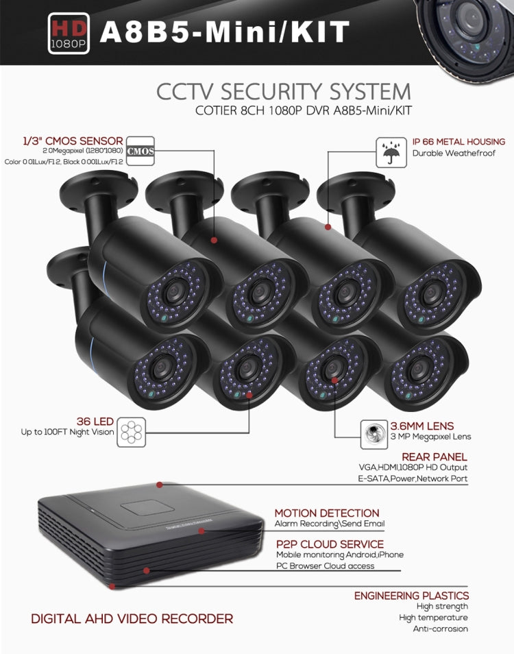 A8B5-Mini 8 Channel 1080P 2.0 Mega Pixel 8 x Bullet AHD Cameras Mini AHD DVR Kit, Support Night Vision / Motion Detection, IR Distance: 20m(Black)