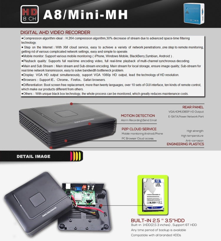 A8/Mini-MH 5 in 1 8-Channel Dual Stream H.264 1080P Mini AHD DVR, Support AHD / TVI / CVI / CVBS / IP Signal(Black)