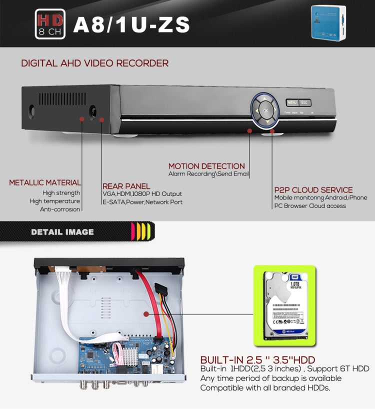 A81U-ZS 5 in 1 8 Channel Dual Stream H.264 1080N AHD DVR, Support AHD / TVI / CVI / CVBS / IP Signal(Black)