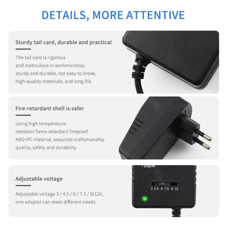 Voltage Adjustable Universal Power Adapter 110 220V to 12V 3V 4.5V 6V 7.5V 9V AC DC Adapter 3A Max 12 Volt Power Supply Adapter, EU Plug