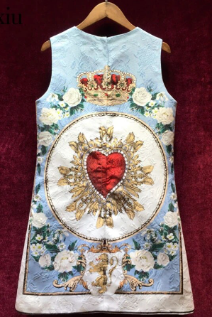 Royal Summer Jacquard Dresses Women's Luxurious Beading Crystal Appliques Printed Party Sleeveless Short Dress