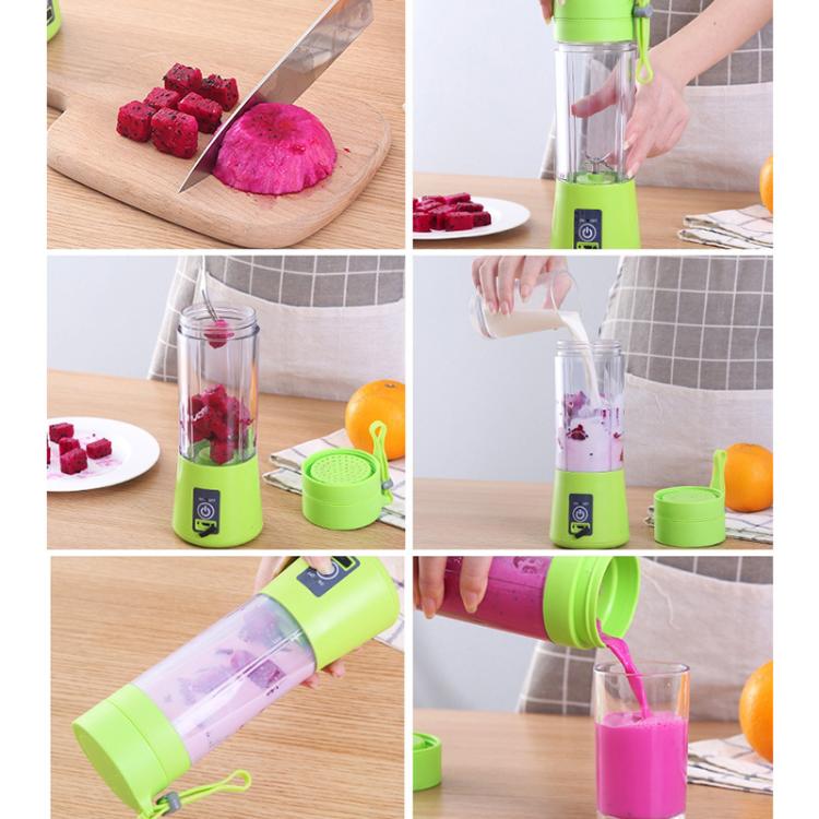 USB Rechargeable Electric Automatic Vegetable Fruit Citrus Orange Juice Maker Cup Mixer Bottle (380ML)(6 Blades Green)