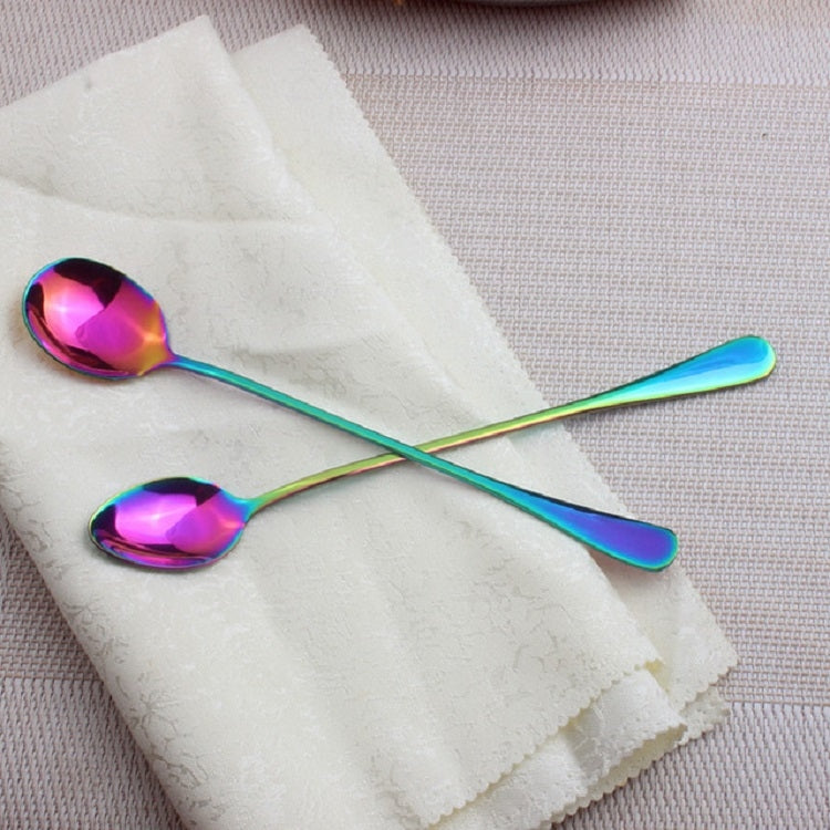 2 PCS Stainless Steel Rainbow Long Handled Coffee Scoops Cold Drink Stirring Spoon for Dessert Cake, Style:Round Spoon(Colorful)