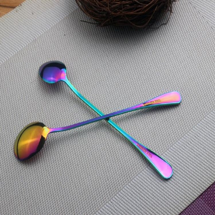 2 PCS Stainless Steel Rainbow Long Handled Coffee Scoops Cold Drink Stirring Spoon for Dessert Cake, Style:Round Spoon(Colorful)