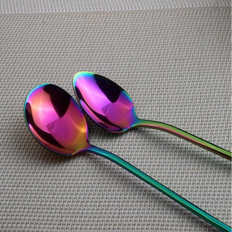 2 PCS Stainless Steel Rainbow Long Handled Coffee Scoops Cold Drink Stirring Spoon for Dessert Cake, Style:Round Spoon(Colorful)