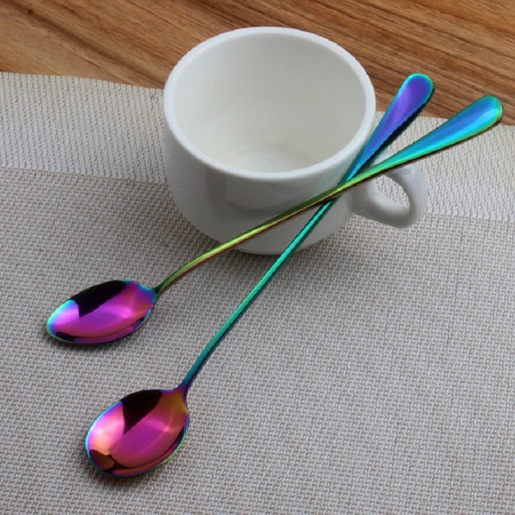 2 PCS Stainless Steel Rainbow Long Handled Coffee Scoops Cold Drink Stirring Spoon for Dessert Cake, Style:Round Spoon(Colorful)