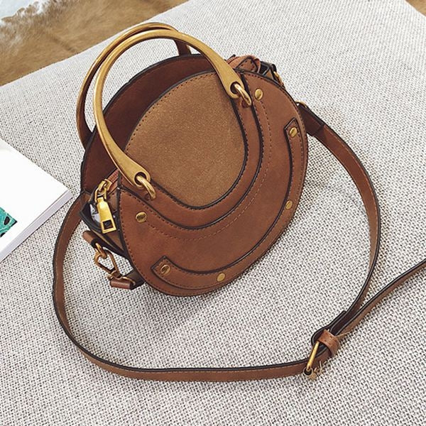 Circular Scrub PU Leather Women Bags Retro Handbag Shoulder Mini Bag(Brown)