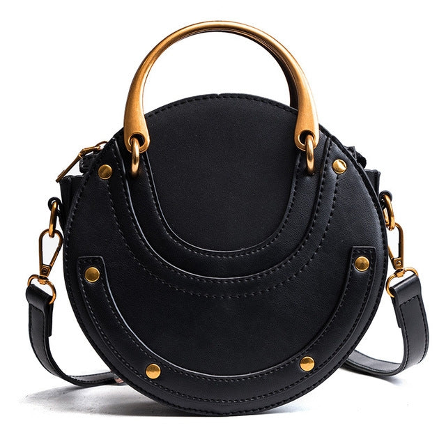 Circular Scrub PU Leather Women Bags Retro Handbag Shoulder Mini Bag(black)