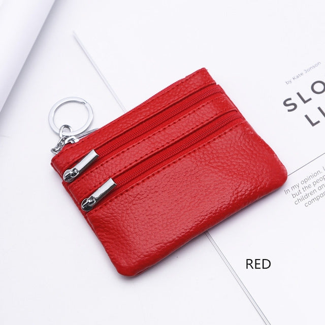 Genuine Leather Women Small Wallet Change Purses Zipper Card Holder Wallets(Red)