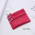 Genuine Leather Women Small Wallet Change Purses Zipper Card Holder Wallets(Rose red)