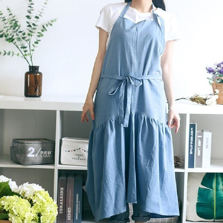 Cotton Linen Fishtail Long Slim Fit Apron Florist Manicure Shop Overalls(Blue)