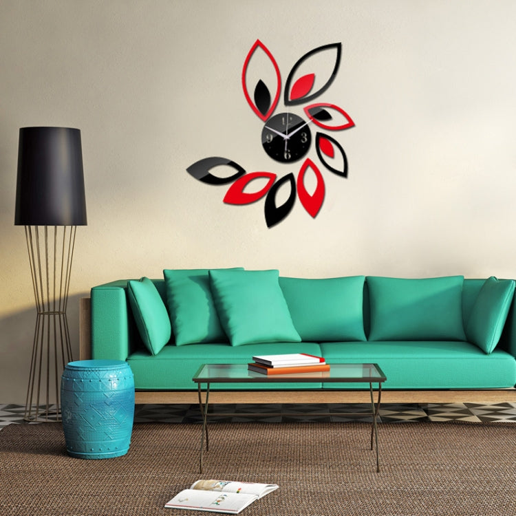 Flower Art Modern Design DIY Removable 3D Crystal Mirror Wall Clock Wall Sticker Living Room Bedroom Decor(Red+Black)