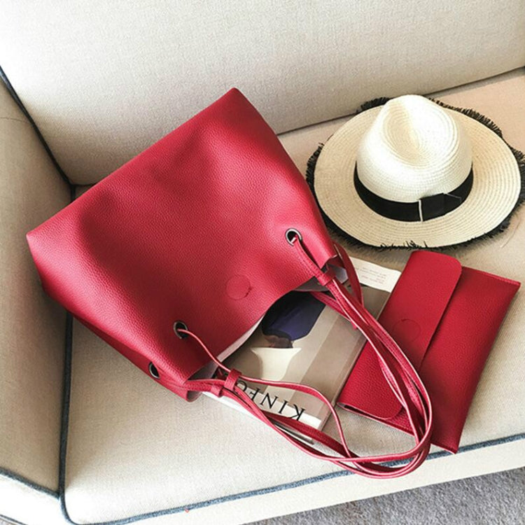 2 in 1 Soft Leather Women Bag Set Luxury Fashion Design Shoulder Bags Big Casual Bags Handbag(Wine red)