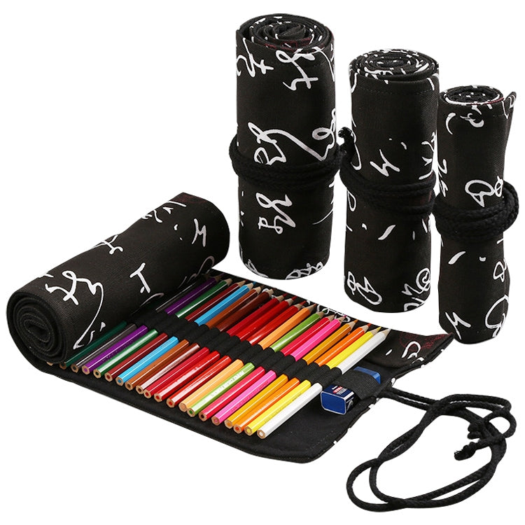 Calligraphy Cute Canvas Roll School Pencil Case Pencilcase Student Pen Bag Stationery Pouch Supplies(48 Holes)