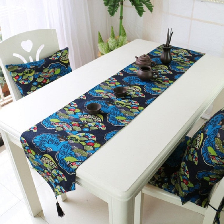 Ethnic Style Cotton and Linen Table Flag Printed Double Dining Table Placemat, Size:32x220cm(Blue)