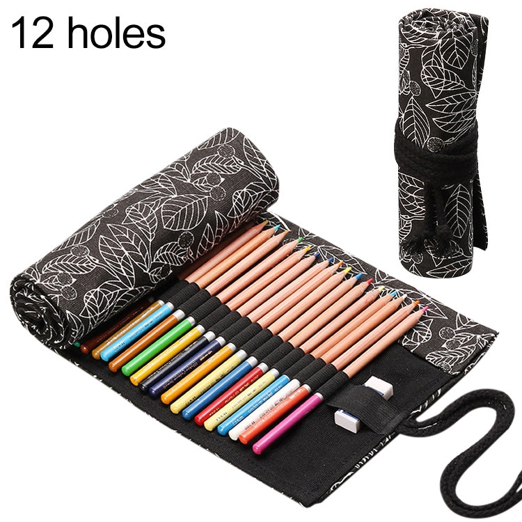 Cute Leaf Portable Canvas School Pencil Case Pen Bag Stationery Pouch(Black leaf 12 holes)