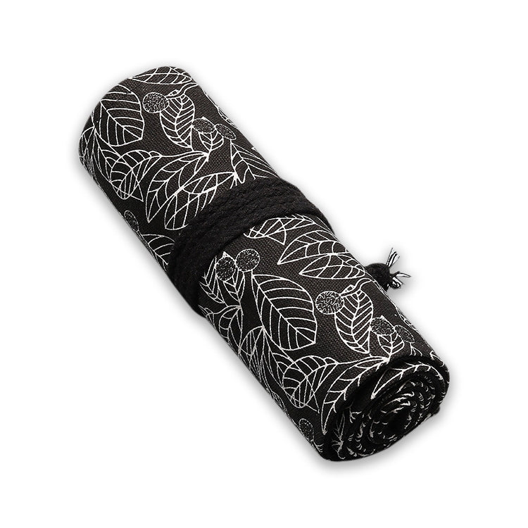 Cute Leaf Portable Canvas School Pencil Case Pen Bag Stationery Pouch(Black leaf 12 holes)