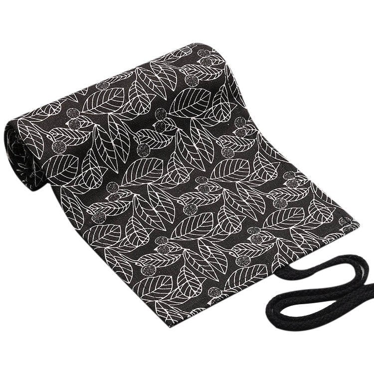 Cute Leaf Portable Canvas School Pencil Case Pen Bag Stationery Pouch(Black leaf 12 holes)