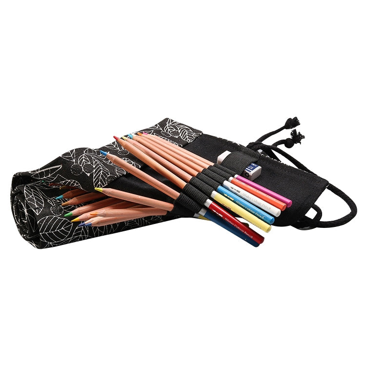 Cute Leaf Portable Canvas School Pencil Case Pen Bag Stationery Pouch(Black leaf 12 holes)