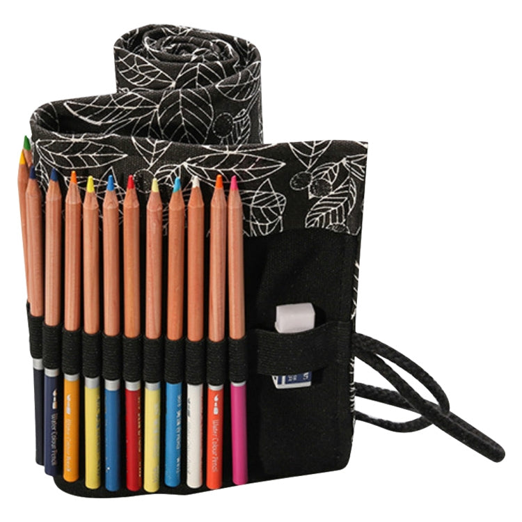Cute Leaf Portable Canvas School Pencil Case Pen Bag Stationery Pouch(Black leaf 12 holes)