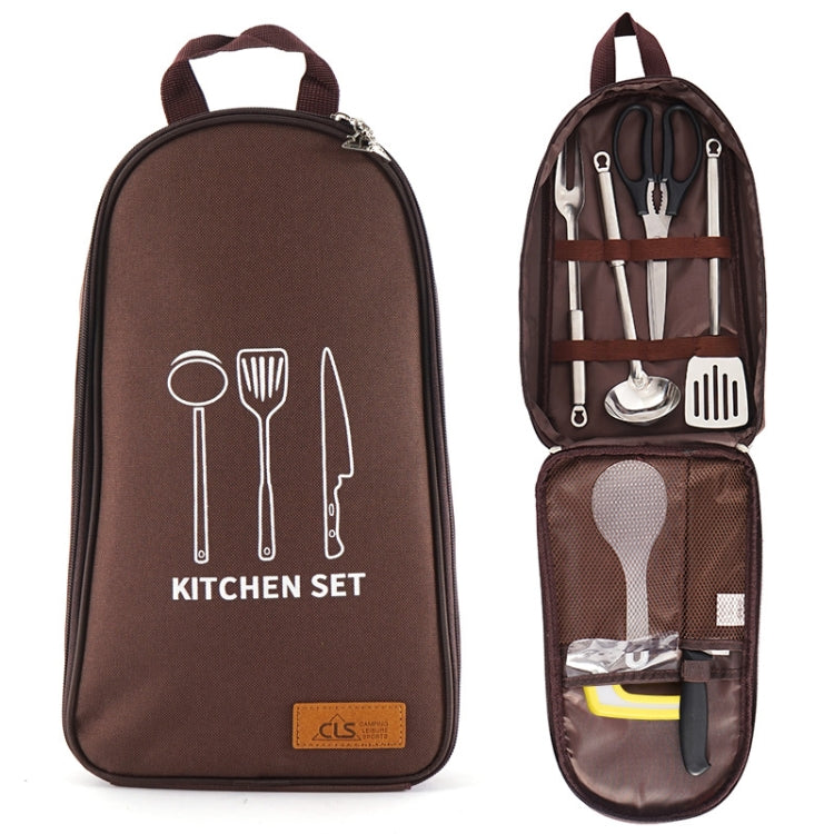 CLS 7-In-1 Outdoor 201 Stainless Steel Cookware Set Picnic Kitchenware Portable Handbag Picnic Bag(Coffe)