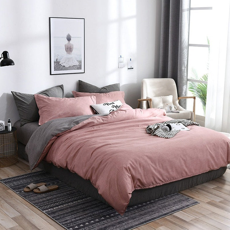 Bedding Set Solid Plaid Side Bed Comforter Duvet Cover Sheet Set, Size:260*230cm(2xPillowcase ,1xQuilt）(Pink)