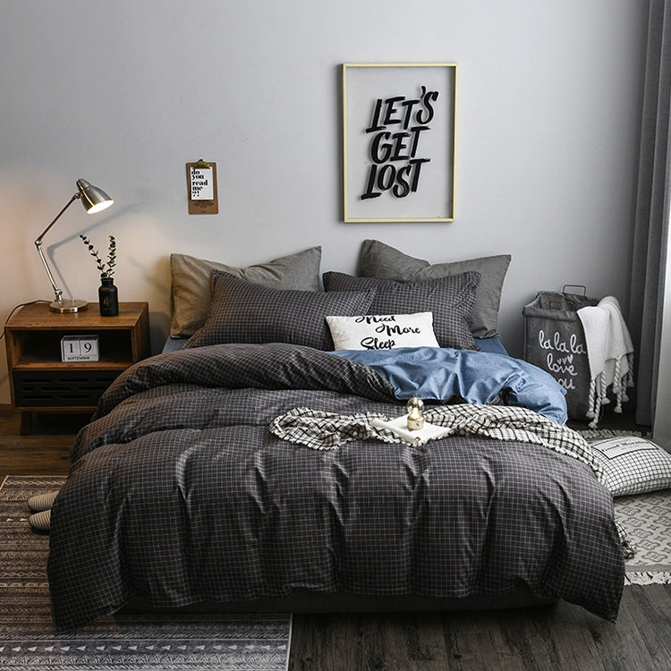 Bedding Set Solid Plaid Side Bed Comforter Duvet Cover Sheet Set, Size:135*200cm(1xPillowcase,1xQuilt）(Black)
