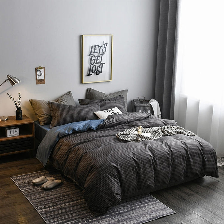 Bedding Set Solid Plaid Side Bed Comforter Duvet Cover Sheet Set, Size:135*200cm(1xPillowcase,1xQuilt）(Black)