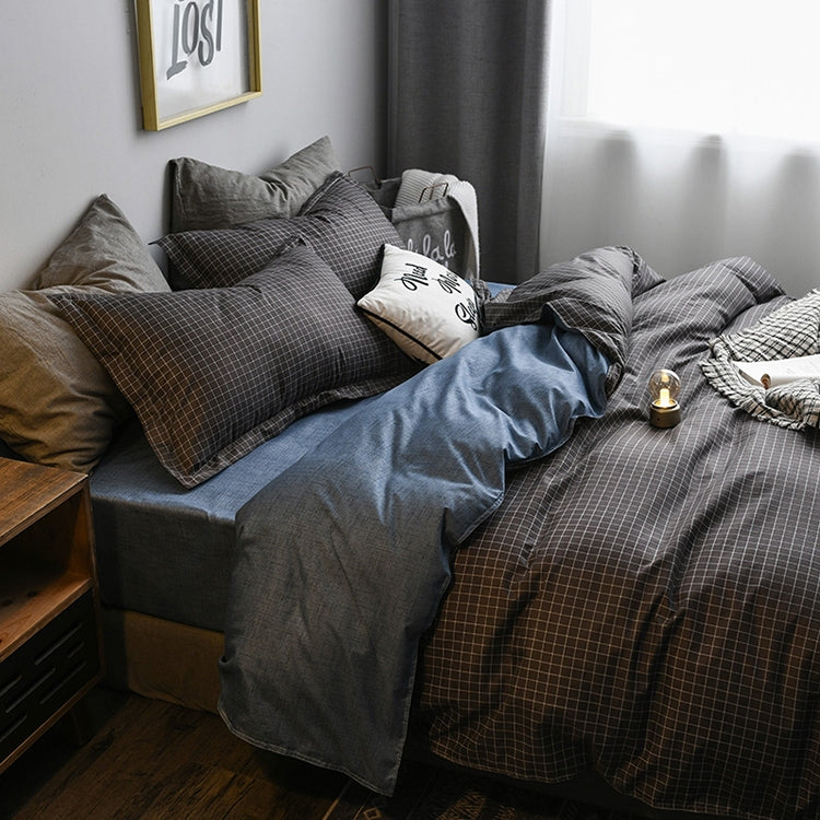 Bedding Set Solid Plaid Side Bed Comforter Duvet Cover Sheet Set, Size:210*210cm(2xPillowcase,1xQuilt）(Black)