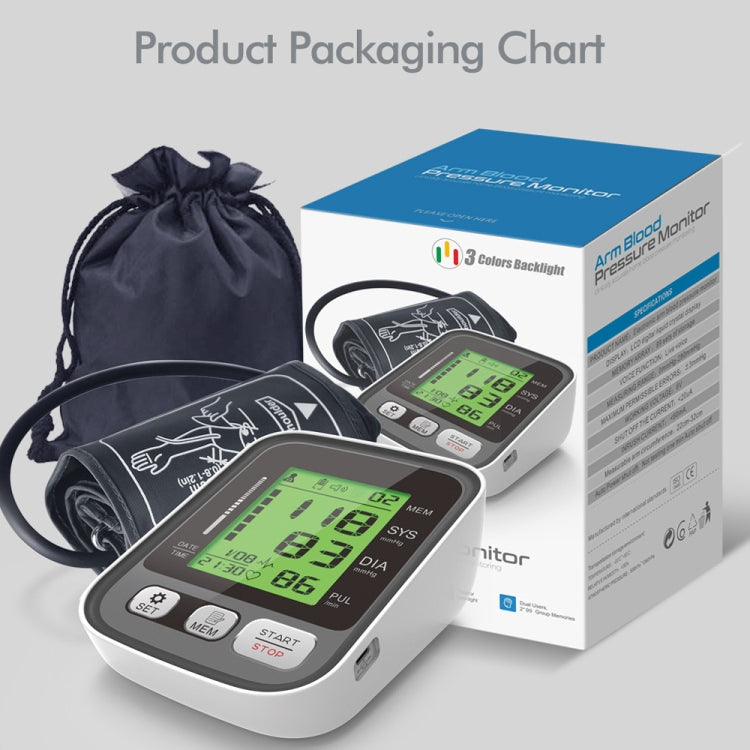 JZ-256A Tri-Color Backlight Automatic Upper Arm Sphygmomanometer Home Electronic Sphygmomanometer, Size:22-32cm(No Voice Broadcast)