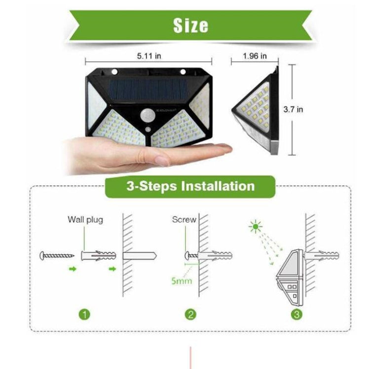 2 PCS  100 LEDs Outdoor Patio Solar Induction Wall Light Adjustable Balcony Garden Lighting Small Street Light