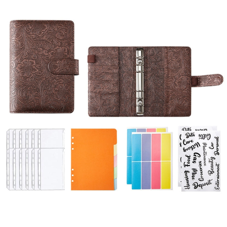 A6 YMX-007 PU Leather Budget Binder Notebook Embossed Model Handbook(Coffee Brown)