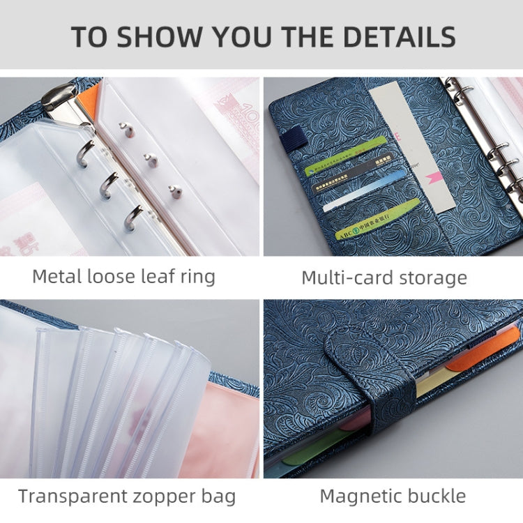 A6 YMX-007 PU Leather Budget Binder Notebook Embossed Model Handbook(Dark Blue)
