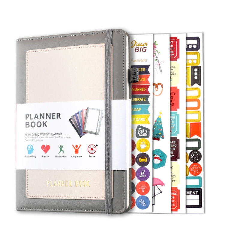 YMX-018 A5 Weekly Plan Monthly Plan Book Self-Regulation Strap Notebook With Stickers(Gray)