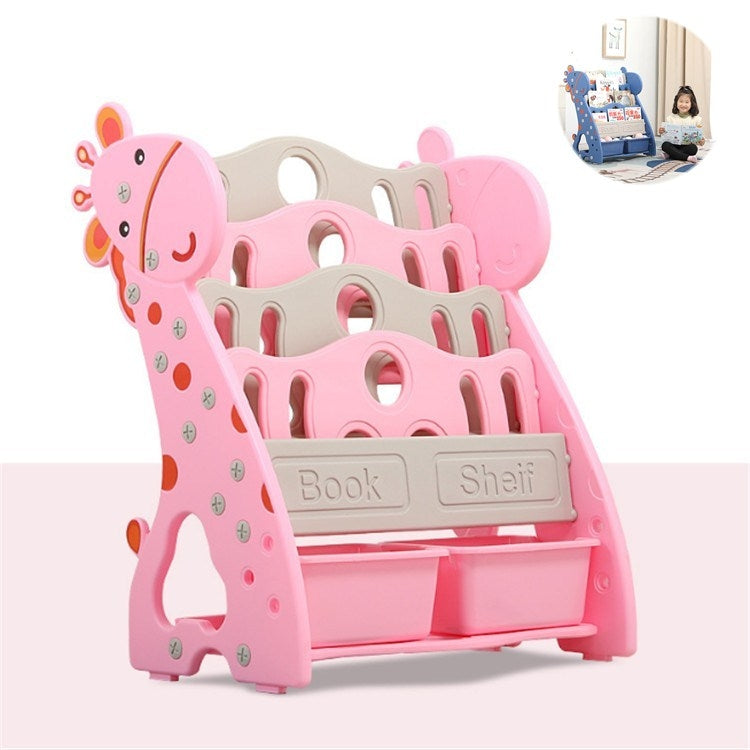 Childrens Bookshelf Simple Household Floor Shelf Baby Bookcase Storage Kindergarten Multi-layer Cartoon Picture Book Rack, Style:4 Layers + Storage Box(Pink)