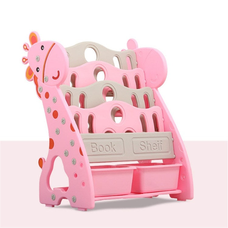 Childrens Bookshelf Simple Household Floor Shelf Baby Bookcase Storage Kindergarten Multi-layer Cartoon Picture Book Rack, Style:4 Layers + Storage Box(Pink)