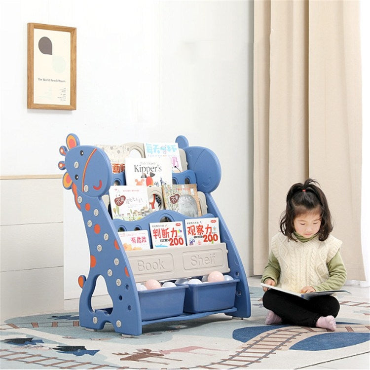 Childrens Bookshelf Simple Household Floor Shelf Baby Bookcase Storage Kindergarten Multi-layer Cartoon Picture Book Rack, Style:4 Layers + Storage Box(Pink)