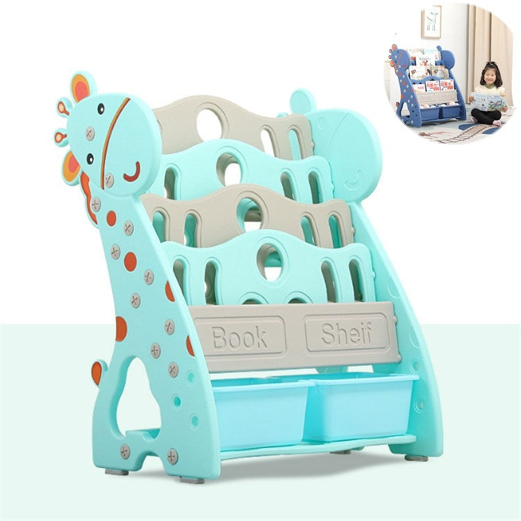 Childrens Bookshelf Simple Household Floor Shelf Baby Bookcase Storage Kindergarten Multi-layer Cartoon Picture Book Rack, Style:4 Layers + Storage Box(Green)