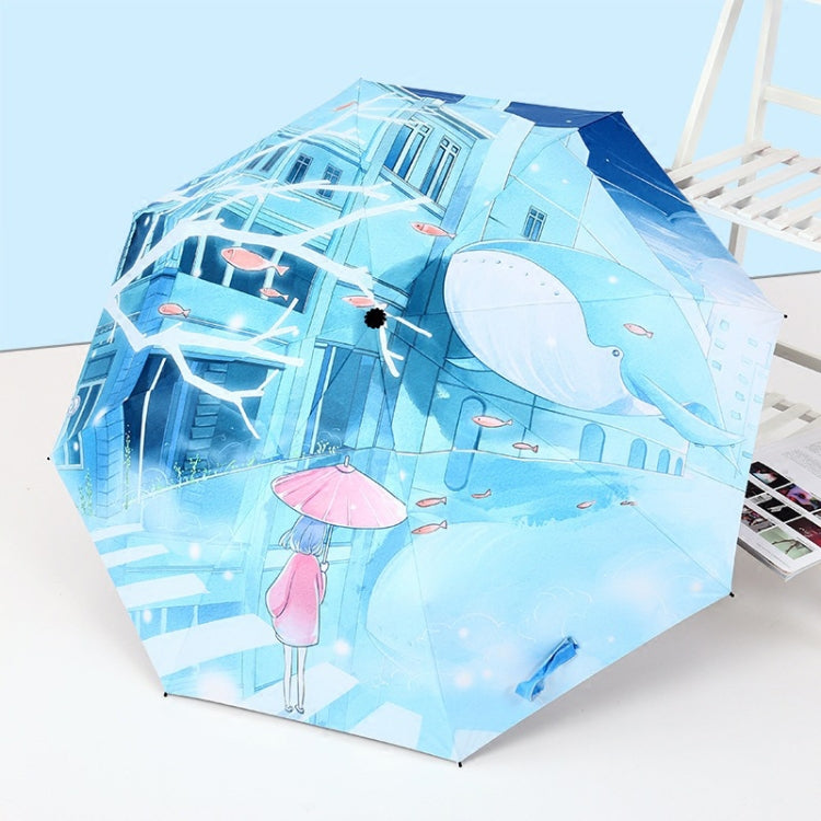 Art Small Fresh Umbrella Folding Sun and Rain Dual-use Umbrella Sun Protection and UV Protection Vinyl Sun Umbrella(Early Morning Street Corner)