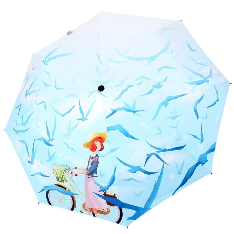Art Small Fresh Umbrella Folding Sun and Rain Dual-use Umbrella Sun Protection and UV Protection Vinyl Sun Umbrella(Beach Walk)