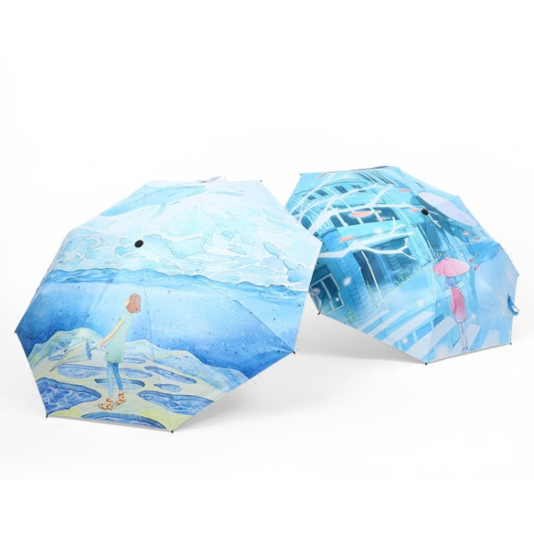 Art Small Fresh Umbrella Folding Sun and Rain Dual-use Umbrella Sun Protection and UV Protection Vinyl Sun Umbrella(Beach Walk)