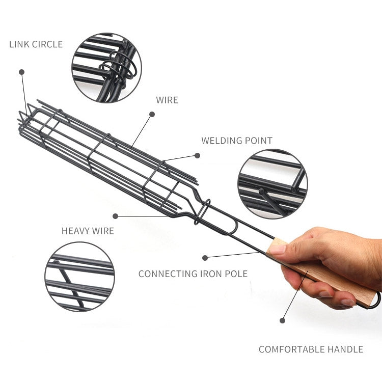 2 PCS Hot Dog Barbecue Cage Sausage Barbecue Clip Barbecue Clip Mesh Wooden Handle Barbecue Mesh Rack, Color:Wood color