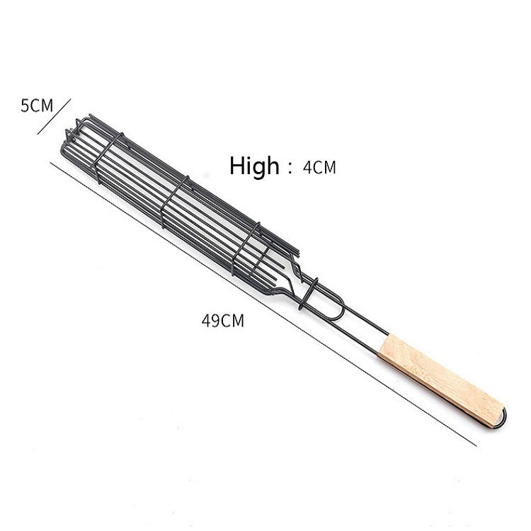 2 PCS Hot Dog Barbecue Cage Sausage Barbecue Clip Barbecue Clip Mesh Wooden Handle Barbecue Mesh Rack, Color:Wood color