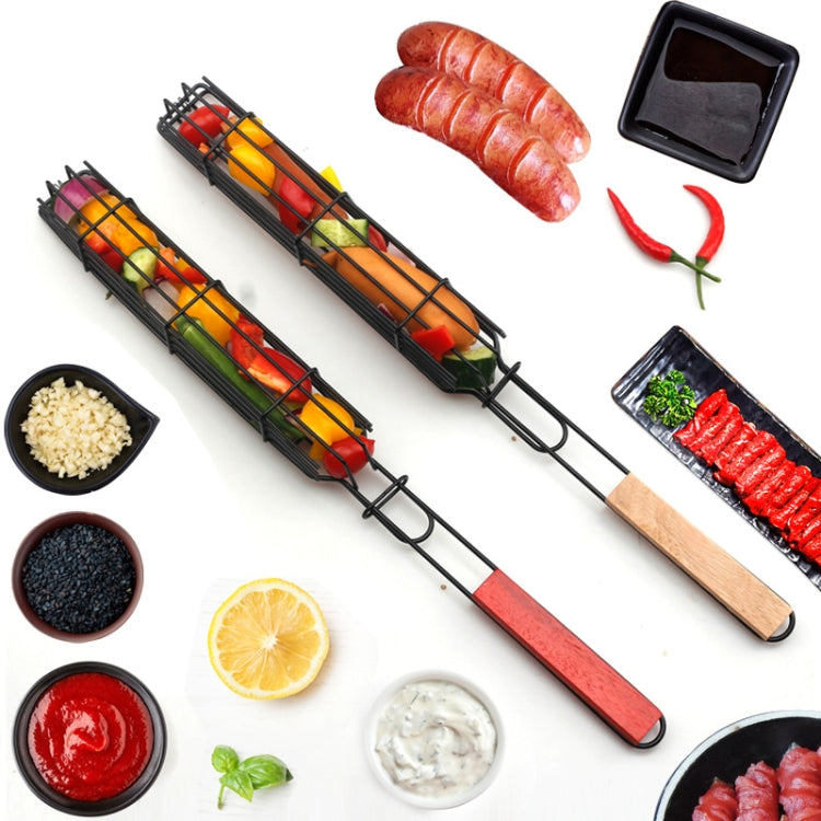 2 PCS Hot Dog Barbecue Cage Sausage Barbecue Clip Barbecue Clip Mesh Wooden Handle Barbecue Mesh Rack, Color:Red