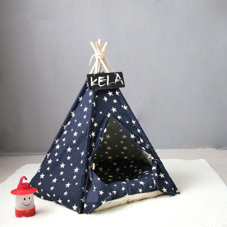 Pet Kennel Corgi Small and Medium Dog Pet Tent, Specification: Large 60×60×70cm(Navy Beige Star with Cushion)